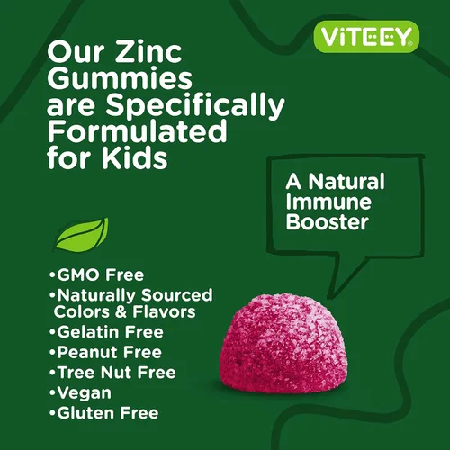 Miniatura 5 de Viteey Gomitas de zinc para niños, 25 mg - Apoyo inmunológico - Potente antioxidante natural, suplemento de vitamina de zinc para niños, vegano, sin