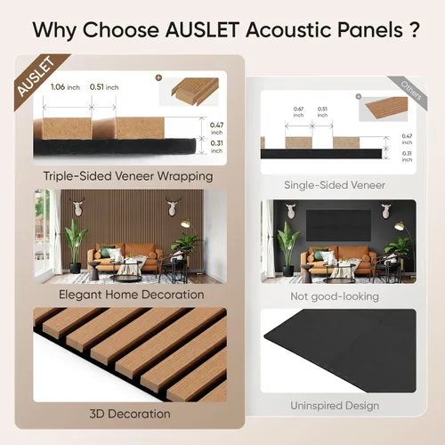 Miniatura 5 de Paquete de 2 paneles acústicos de listones de madera para pared y techo, paneles de pared de madera insonorizantes de 94.49"×12.80" para decoración