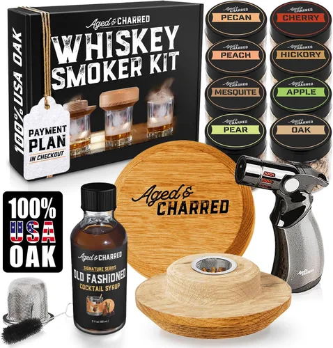 Kit de ahumador de whisky con antorcha, chips de madera de 8 sabores, regalos de bourbon para hombres, kit de ahumador de cóctel, tapa de humo de