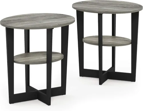 Miniatura 5 de Furinno JAYA - Juego de 2 mesas auxiliares redondas de 2 niveles con mesa ovalada, mesita de noche, mesita de noche con estante abierto, para sala