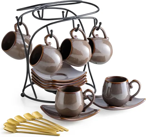 LYEOBOH Juego de 6 tazas de café expreso de 3 onzas con platillos, tazas de café pequeñas de cerámica con soporte y cucharas, lindas tazas demitasse