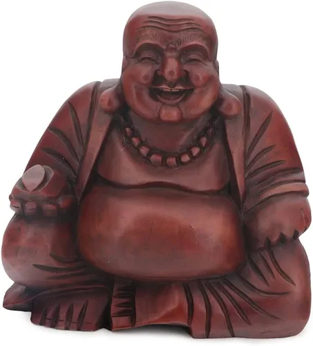 Miniatura 2 de Buddha Groove Estatua de Buda feliz de Polystone Hotei con acabado de caoba para uso en interiores