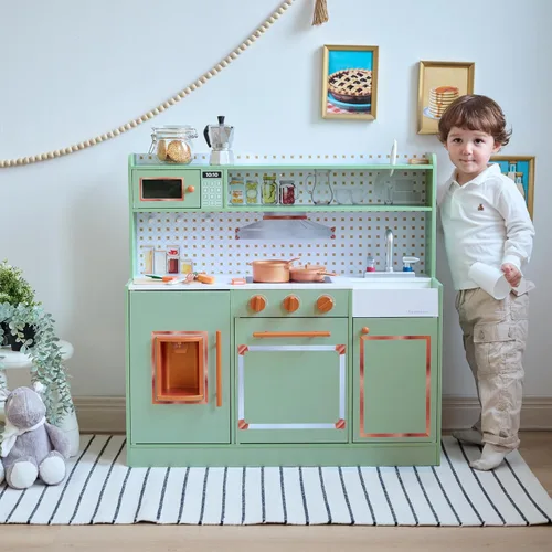 Miniatura 7 de Teamson Kids Little Chef St. Louis - Juego de cocina de madera retro para niños pequeños, juego de cocina de simulación verde con máquina de hielo