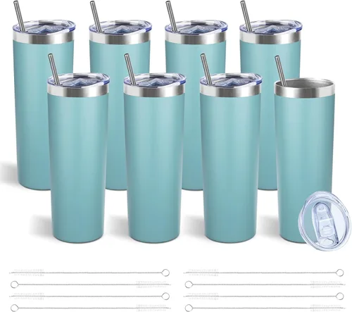Miniatura 27 de Vaso delgado de 20 onzas con tapa y pajita, vaso de acero inoxidable aislado al vacío, taza de café de doble pared a prueba de fugas, vaso térmico
