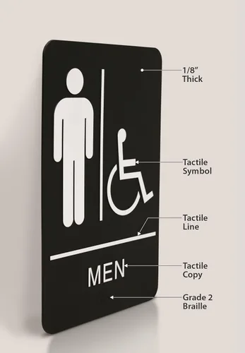 Miniatura 7 de Headline Letrero con texto en inglés "Ada", símbolo táctil accesible para hombres/sillas de ruedas, plástico, 6 x 9, negro/blanco