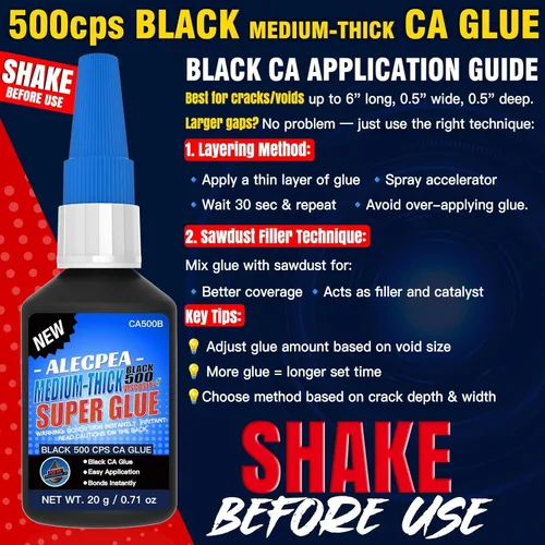 Miniatura 6 de 20g de pegamento CA negro medio-espeso (500 CPS), pegamento super de cianoacrilato premium para madera, vidrio, metal, papel, cuero, plástico
