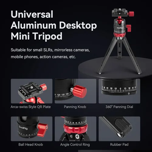 Miniatura 6 de SmallRig Trípode para iPhone de Escritorio Mini Trípode - Aleación de Aluminio de 20 pulgadas/50 cm con Cabeza de Bola de 360 Grados, Zapata Rápida