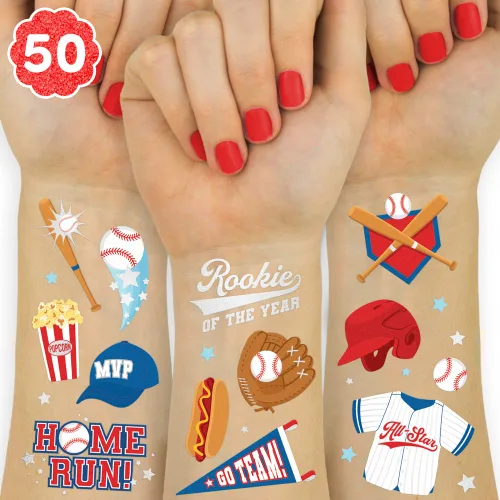 xo, Fetti Tatuajes temporales de béisbol – 56 estilos de aluminio | Fiesta de cumpleaños de béisbol, deportes para niños y niñas, suministros para