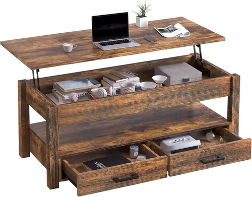 Miniatura 12 de FABATO Mesa auxiliar elevable de 41.7 pulgadas con 2 cajones de almacenamiento con compartimento oculto, estante de almacenamiento abierto para sala