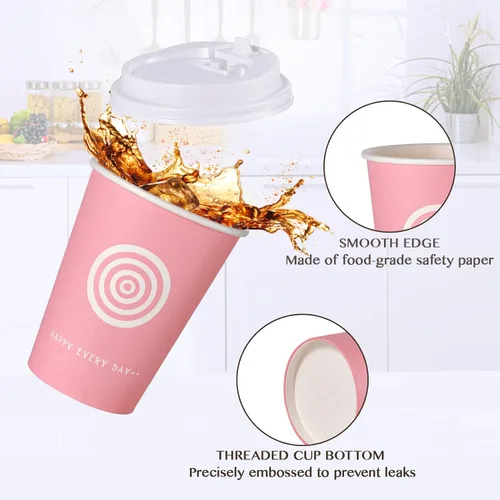 Miniatura 4 de JollyPack Paquete de 100 tazas de papel para café de 12 onzas con tapas y agitadores en rosa y verde. Ideal para café, jugo, té, uso doméstico