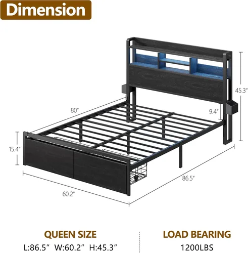 Miniatura 2 de Furnulem Base de cama Queen con cabecera de madera y estante de almacenamiento, marco de cama de plataforma de metal tamaño Queen con cajones
