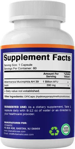 Miniatura 8 de Vitamatic Akkermansia Muciniphila Gut Health - 60 cápsulas DR (liberación retardada) - Hecho con fibra de inulina prebiótica - Paquete de 2