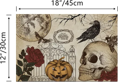 Miniatura 2 de Manteles individuales retro de Halloween, diseño de calavera gótica, Día de los Muertos, decoración y suministros de Halloween para la mesa