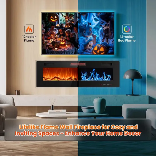 Miniatura 3 de Joy Pebble - Insertos de chimenea eléctrica de 50 pulgadas, chimenea eléctrica empotrada en la pared y montada en la pared 750/1500W, pantalla