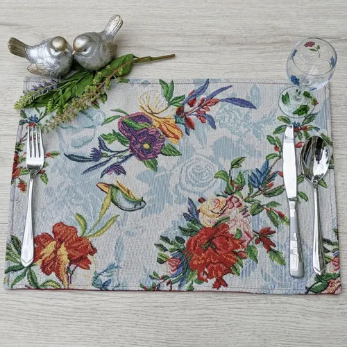DaDa Bedding Tropical Paradise - Manteles individuales florales de rosas azules - Juego de 4 tapices de naturaleza, pájaros, flores exóticas, jardín