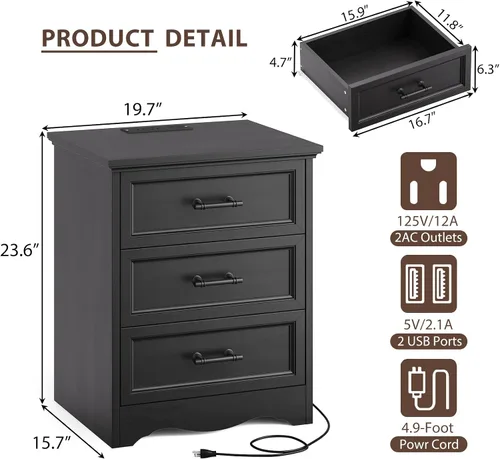 Miniatura 2 de Mesita de noche con estación de carga, Mesa auxiliar estilo granja de 19.7" con almacenamiento de 3 cajones, Mesa lateral de cama de madera