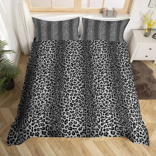 Miniatura 26 de Juego de funda de edredón con estampado de leopardo abstracto, tamaño individual, juegos de ropa de cama de piel de guepardo negro y gris