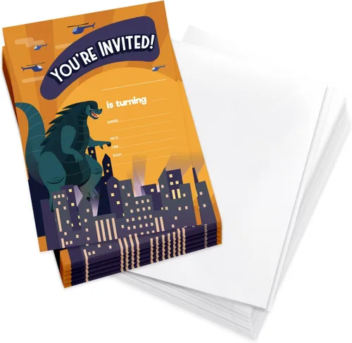 Coastal Palm Godzilla - Tarjetas de invitación de feliz cumpleaños (25 unidades) con sobres para niños y niñas (diseño de 25 unidades, 1)