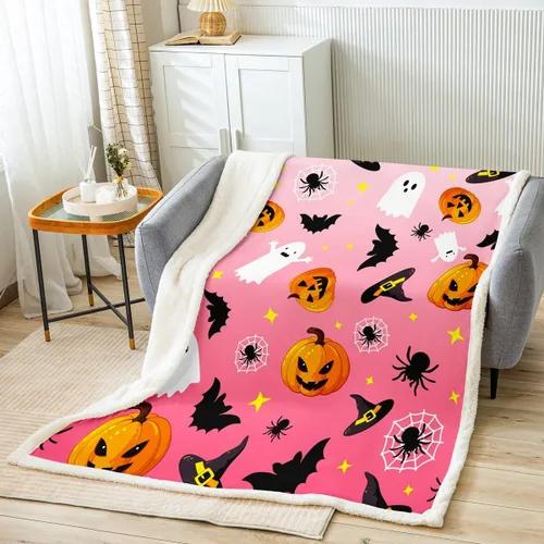 Manfei Manta de Halloween con farol de calabaza, fantasmas, para decoración de habitación de niños y niñas, manta de araña negra para sofá, manta de