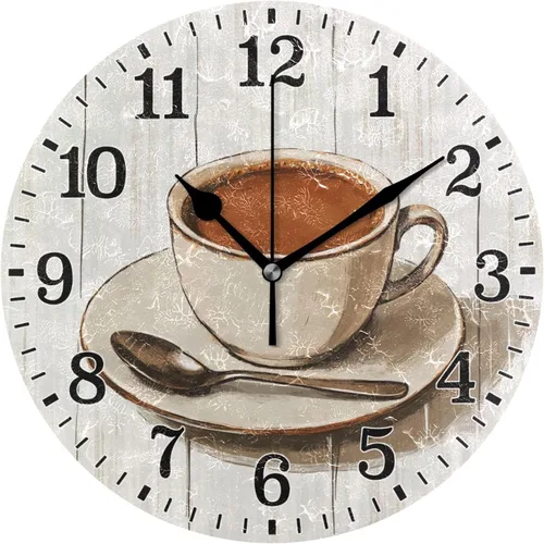 JUNZAN Reloj de pared redondo marrón retro para tazas de café de 10 pulgadas, silencioso, para decoración de dormitorio, café