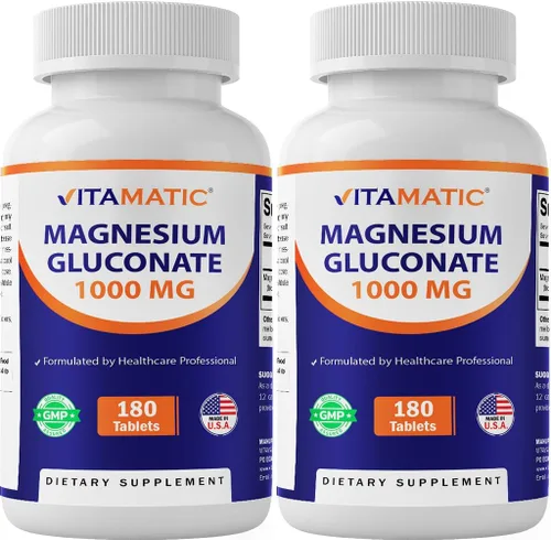 Vitamatic Gluconato de magnesio 1000 mg - 180 tabletas vegetarianas (sin recubrimiento) - Apoya la salud muscular, nerviosa y cardíaca* - Paquete de