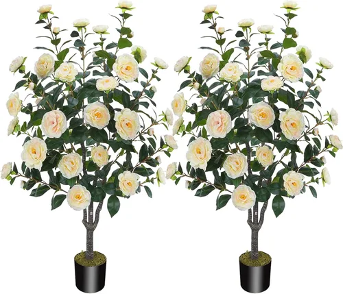 Miniatura 12 de Árbol artificial de 43.3 pulgadas / 3.6 pies con flores de camelia, árbol de otoño falso con 32 flores florecientes, árbol naranja para otoño