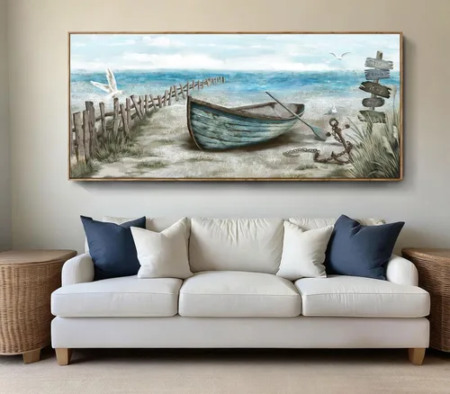 Miniatura 16 de Arte de pared para baño, decoración costera, barco náutico en la playa, lienzo con imagen de gaviota del océano, paisaje marino, arte de granja
