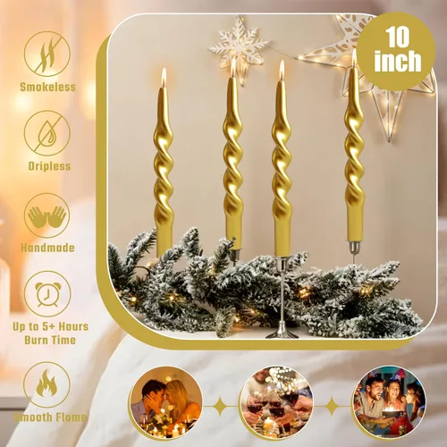 Miniatura 4 de Velas en espiral de Navidad, velas cónicas doradas, 10 pulgadas, sin perfume, para regalo de invierno, vacaciones, Navidad, decoración del hogar