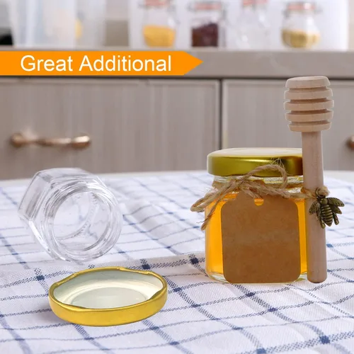Miniatura 4 de Paquete de 30 mini tarros de miel de 1.5 onzas, mini tarros hexagonales de miel de vidrio con tapas doradas, pequeño tarro de miel con cuchara