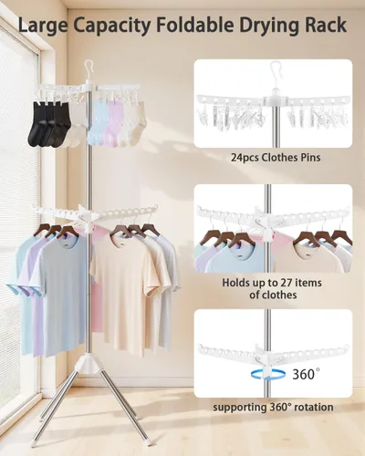 Miniatura 3 de Tendedero plegable para ropa – Estante de secado de ropa de 2 niveles, perchero portátil con barra giratoria para ropa con 24 clips y 3 brazos