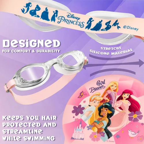 Miniatura 4 de Disney Juego de gafas de natación y gorro de natación para niños con protección UV antivaho (princesa rosa, 3-6 años)