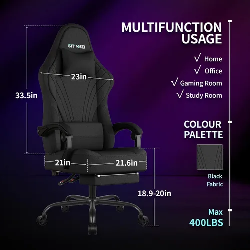 Miniatura 3 de Silla de juegos, sillas de juegos grandes y altas para adultos con reposapiés y soporte lumbar, cómoda silla de computadora de tela ergonómica