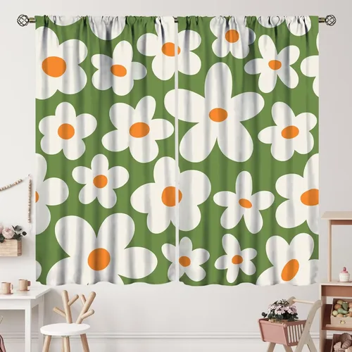 Cortinas bohemias estilo vintage de los años 70, con diseño de flores groovy, estéticas, de mediados de siglo, opacas con bolsillo para cortinero,