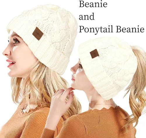 Miniatura 2 de Rosoz Gorro de cola de caballo para mujer, gorro cálido de invierno, suave, elástico, de punto trenzado, para moño alto