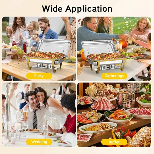 Miniatura 5 de Juego de 5 platos de roce para bufé, juego de 8 cuartos de galón de platos de roce dorados para bufé con bandeja de alimentos de tamaño completo