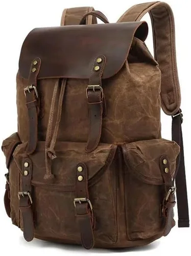 Cuero genuino lona encerada mochila viaje mochila portátil bolsa Marrón