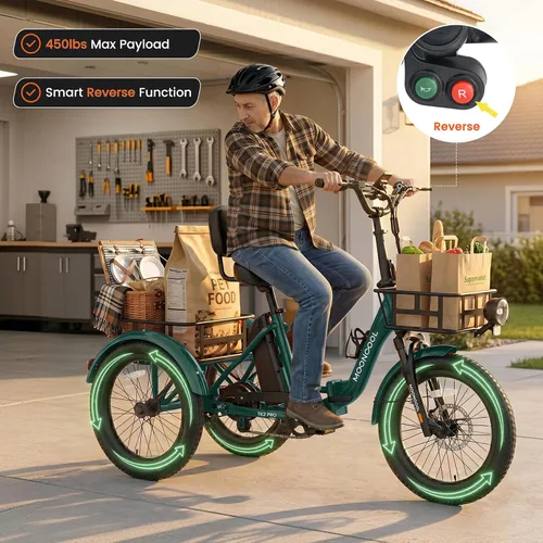 Miniatura 7 de MOONCOOL Triciclo eléctrico plegable para adultos, E-Trike de aluminio de 20 pulgadas con función de marcha atrás y opciones de largo alcance, Plata