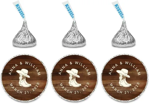 Miniatura 14 de Andaz Press Etiquetas personalizadas de gota de chocolate para boda, nombres y fecha redondos de novios, azul bebé, paquete de 240, personalizadas