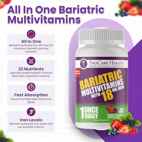 Miniatura 6 de ProCare Health Multivitamínico masticable bariátrico con hierro de 18 mg (30 tabletas) – Multivitamínico bariátrico con sabor a ponche de fruta