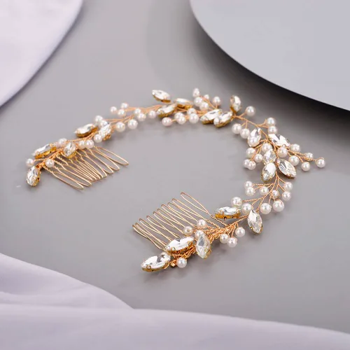 Miniatura 3 de Chargances Peine de vid de cristal con perlas para novias, diadema larga dorada, diadema larga, accesorio hecho a mano, accesorios para el cabello