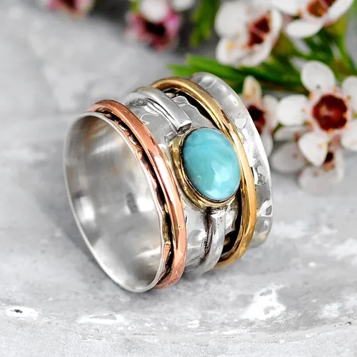 Miniatura 5 de Boho-Magic Anillo giratorio de plata de ley 925 con larimar para mujer con cobre y latón