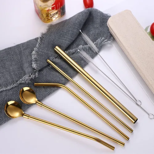 Miniatura 2 de Hoshen Juego de 7 cucharas de paja de acero inoxidable dorado, popote reutilizable de 8.5 pulgadas, con estuche de transporte