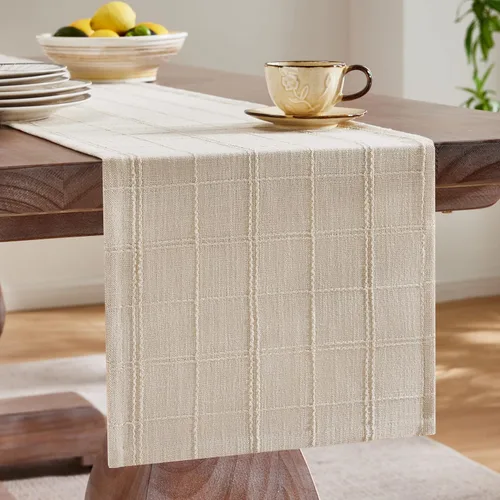 Miniatura 4 de ZeeMart Camino de mesa de lino a cuadros, 13 x 36 pulgadas, beige, tejido texturizado, camino de mesa de granja de 36 pulgadas de largo, bufanda