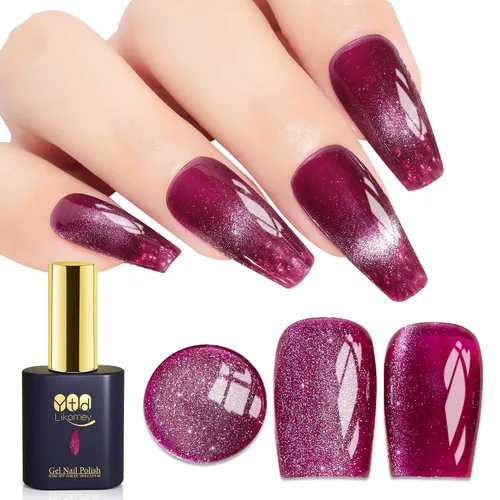 Miniatura 45 de YTD Likomey Juego de esmaltes de uñas de gel Cat Eye, 8 colores de verano con purpurina magnética de cristal con barra magnética, plateado, verde