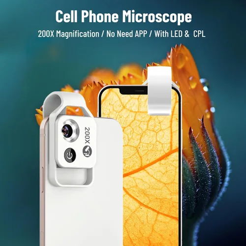 Miniatura 2 de Microscopios de bolsillo para teléfono, 200X Zoom Clip en microscopios Lupa con lente CPL y luz LED, lente microscópica portátil para disfrutar