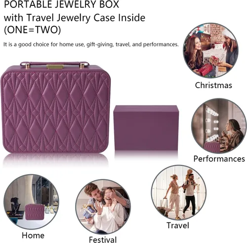 Miniatura 7 de V-LAFUY Joyero con bandeja extraíble, joyero para mujeres y niñas, 2 capas portátil, organizador de joyas, estuche de almacenamiento con estuche