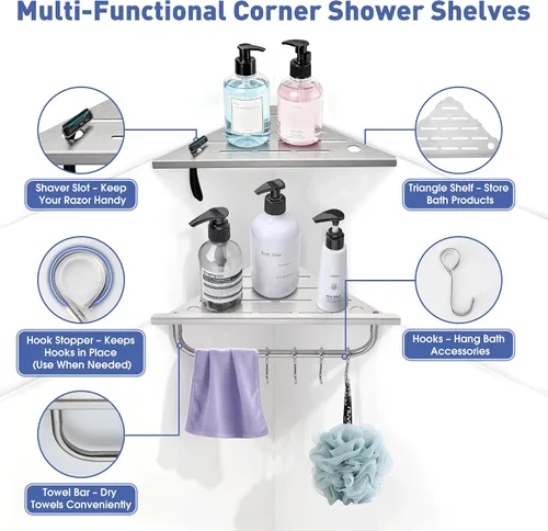 Miniatura 3 de Estante esquinero para ducha, estante esquinero de ducha de 10 pulgadas con toallero y ganchos, paquete de 2 estantes de baño empotrados de acero
