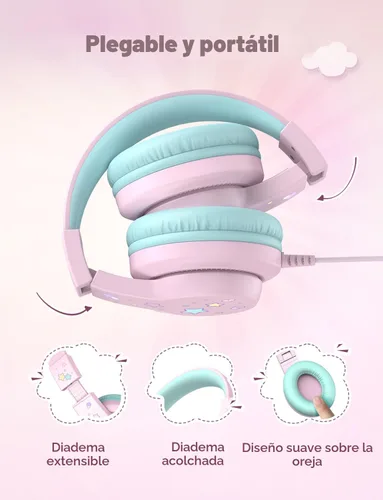 Miniatura 6 de iClever - Auriculares infantiles para la escuela/viajes con volumen seguro de 85dBA, HS19S - Auriculares circumaurales estéreo para niños y niñas