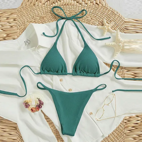 Miniatura 2 de Bikini halter de 2 piezas para mujer, traje de baño triangular con lazo lateral, tanga de lunares, ropa de playa