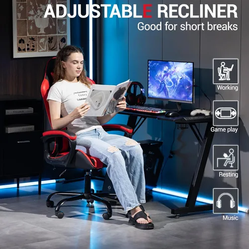 Miniatura 6 de Silla gamer de piel sintética con masaje, para PC y videojuegos, con soporte lumbar para hombres y mujeres, para el hogar y la oficina, altura Rojo